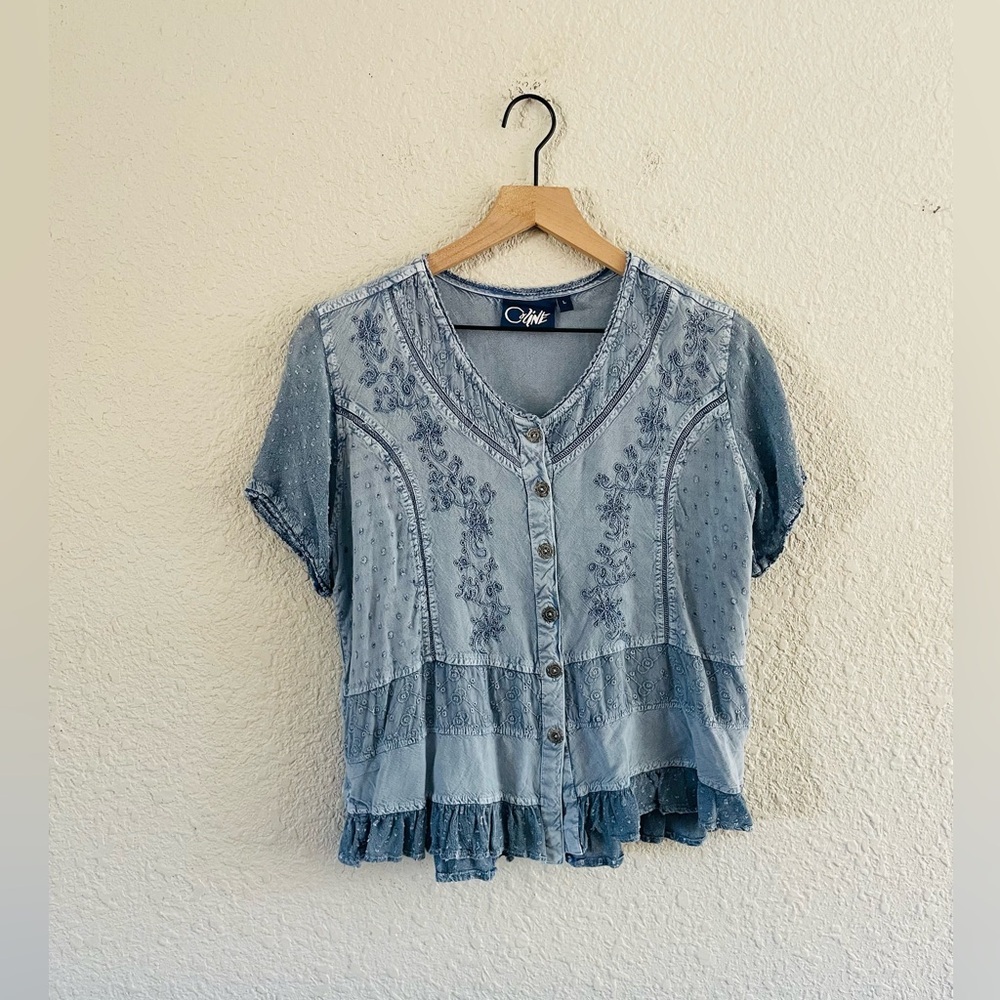Vintage Celine Denim Stonewash Button Down Embroidered Blouse